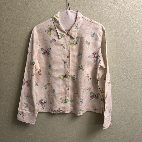 Talbots Tops - Talbots 100% Linen Button Down Blouse Size 10 Butterfly Print
